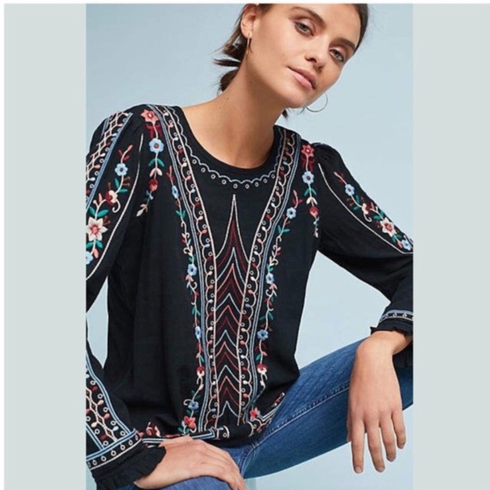 Anthropologie Black Embellished Long Sleeve Blouse - Picture 11 of 11